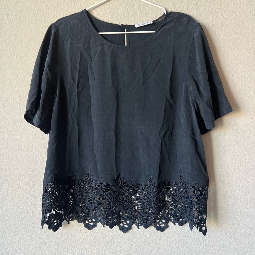 Equipment Dark Grey Lace Hem Blouse